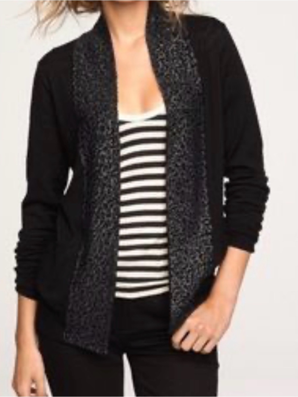 J. Crew 100% Merino Wool Sequin Trim Open Front Cardigan – Black (Size Medium)